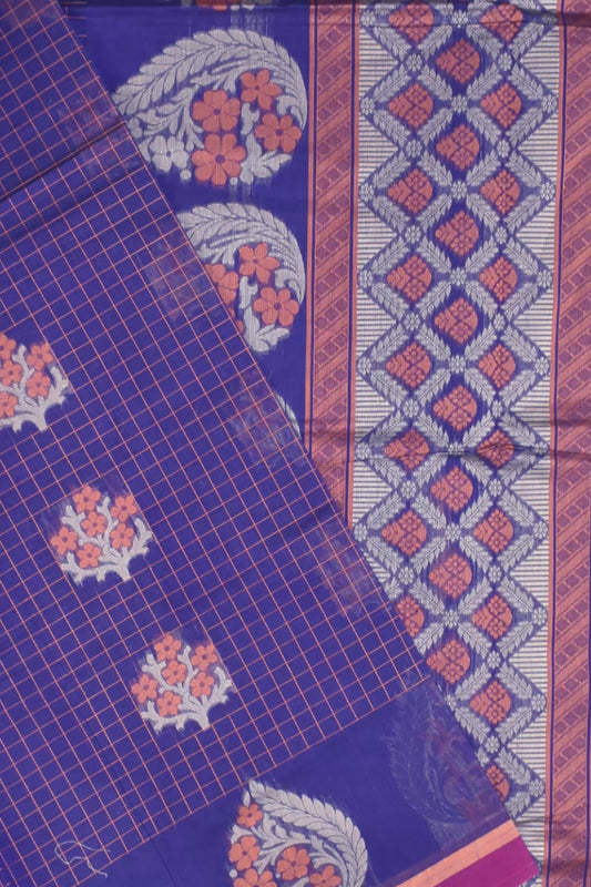 Blue Pure South Cotton Thread Checks Fancy Flower Butta Saree