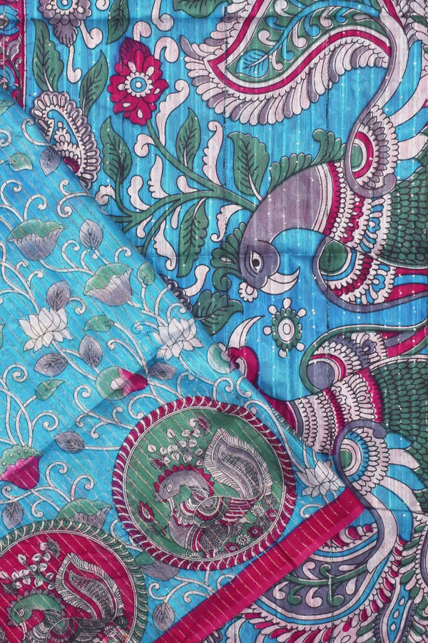 Blue Pink Cotton Silk Kalamkari Saree