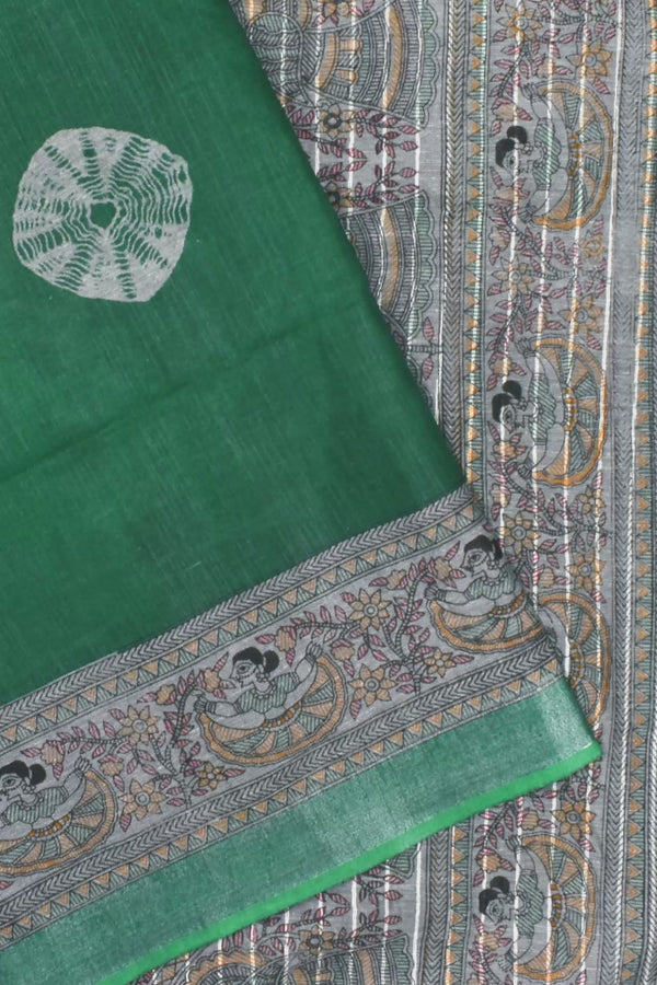 Green Cotton Silk Madhubani Batik Saree