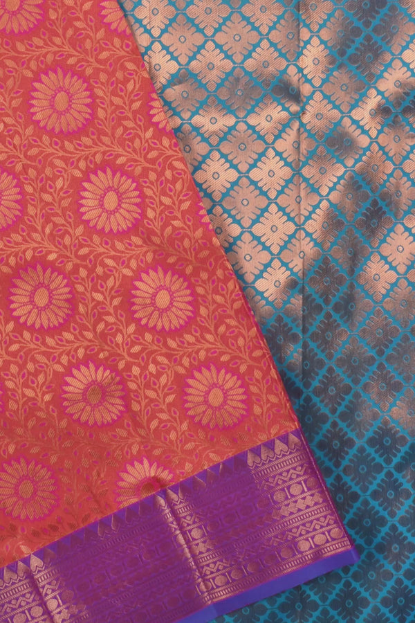 Orange Blue Full Jari Flower Weaving Semi Soft Silk Saree