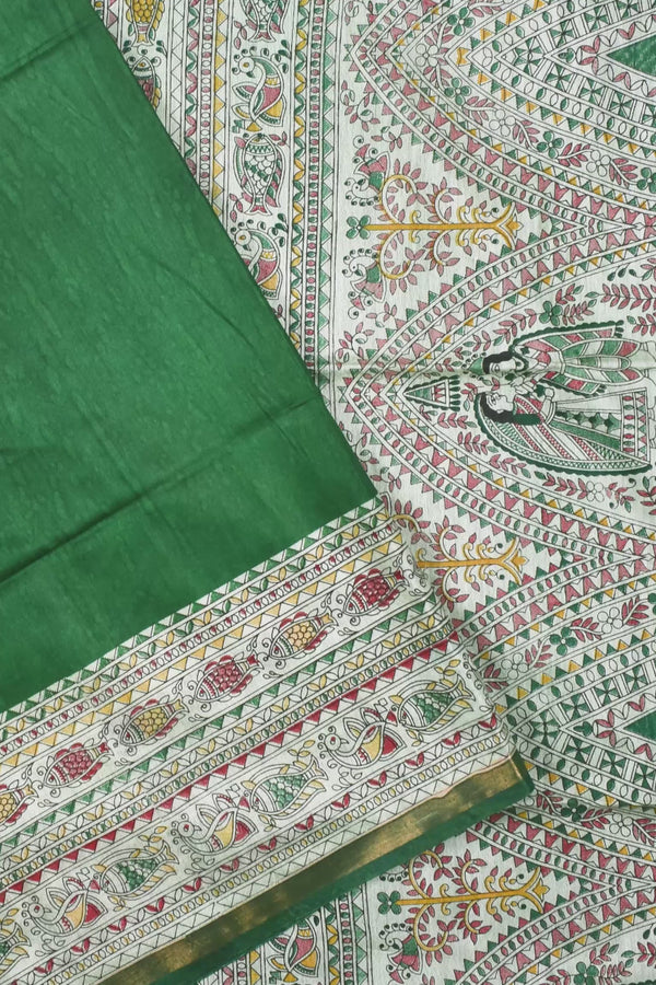 Green Cotton Silk Madhubani Saree