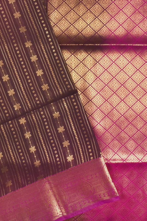 Brown Body Malarkodi Full Jari Butta Pink Contrast Semi Soft Silk Saree