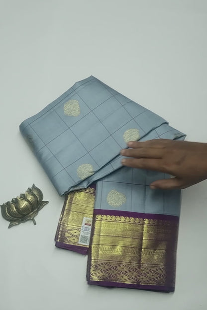 Silver Grey Light Weight Pure Silk Butta Kattam Contrast Voilet Zari Border Pallu Saree NAA157