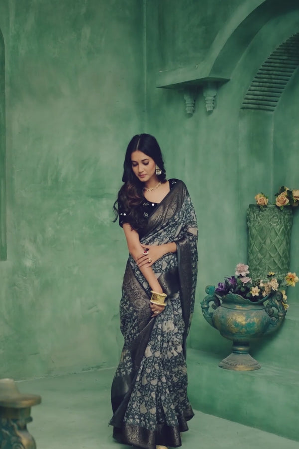 Grey Soft Viscose Digital Peacock Jaal Print Saree