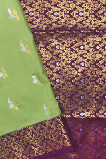 Green Double Jari Butta Purple Contrast Kottanj Border Semi Soft Silk Saree