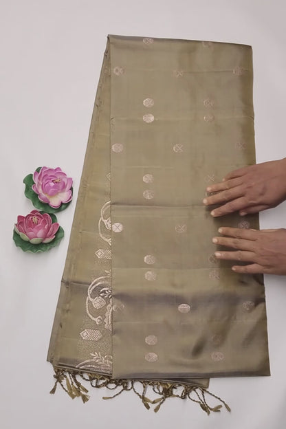 Olive Green Pure Soft Silk Round Shape Butta Flowers Border Mango Zari Pallu Saree NAA182
