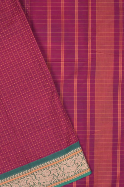 Maroon Chettinad Pure Cotton Body Checks Horse Border Saree