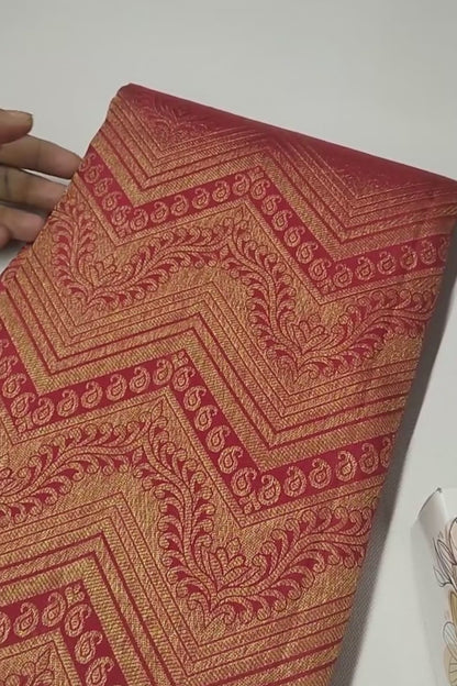 Golden Red Kanchipuram Bridal Pure Silk  Waves Jacquard Golden Zari Border Saree NAA103