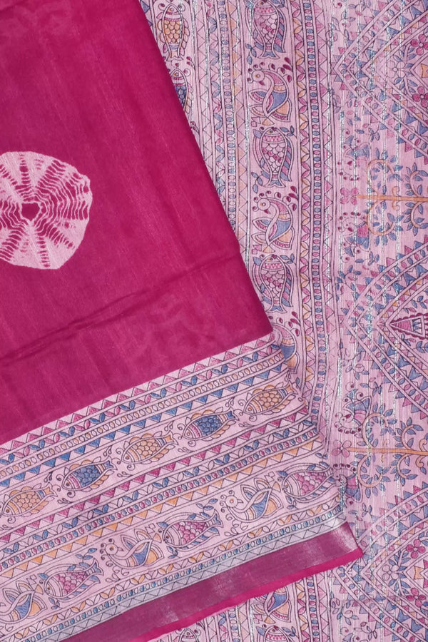 Dark Pink Cotton Silk Madhubani Saree