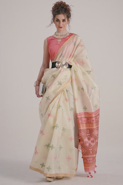 Sandal  Bandhej  Silk Zari Border Saree