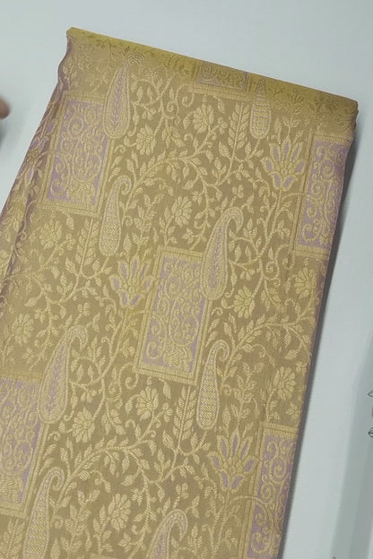 Golden Mustard Yellow Kanchipuram Bridal Pure Silk Contrast Violet Zari Border Pallu Saree NAA169