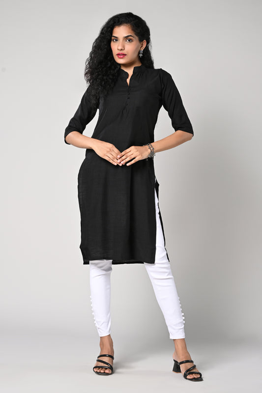 plain straight cut kurti with texture,
close neck &amp; v cut,
comes with 3/4 sleeves.