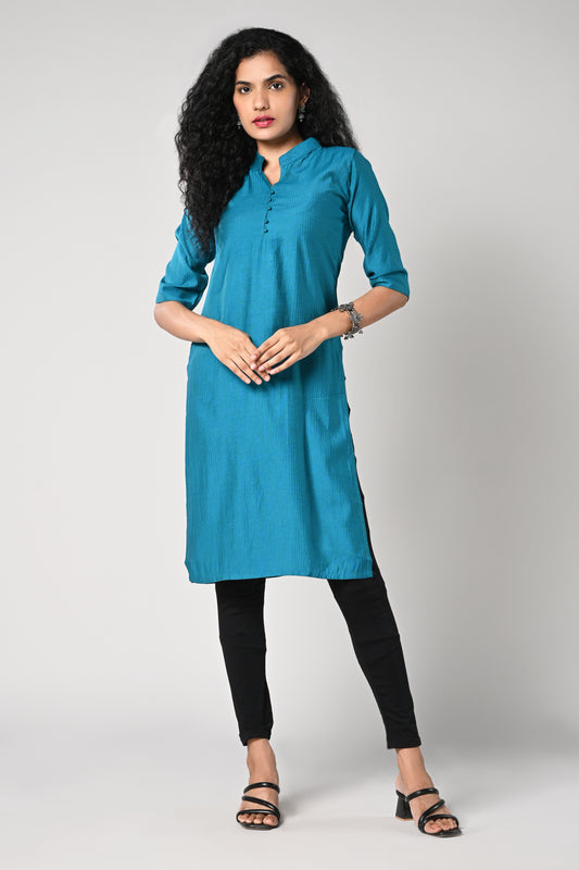 solid plain blue textured straight  Kurti with closed neck and 34 sleeves
