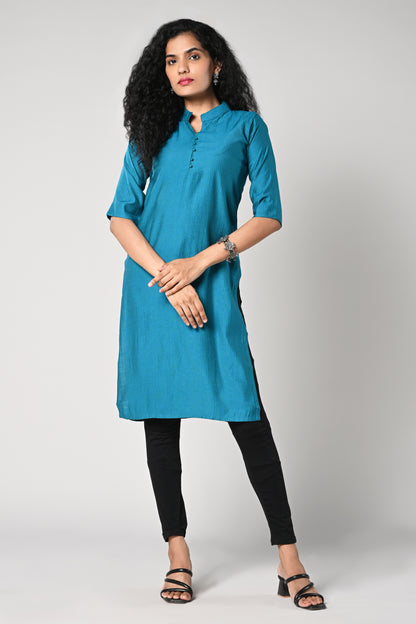 solid plain blue textured straight  Kurti with closed neck and 34 sleeves
