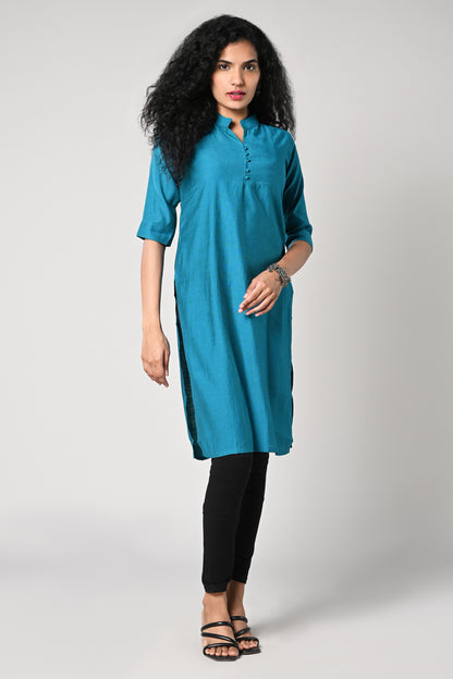 solid plain blue textured straight  Kurti with closed neck and 34 sleeves
