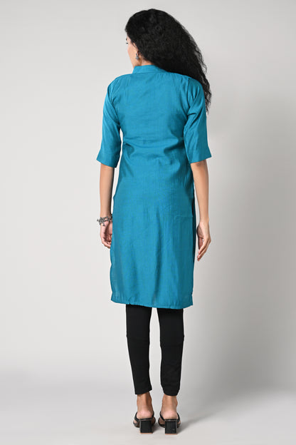 solid plain blue textured straight  Kurti with closed neck and 34 sleeves
