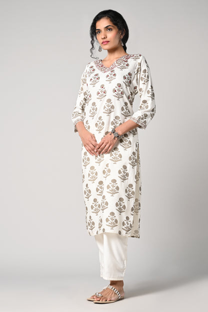 straight kurti,
floral prints all over the body,
round neck &amp; 3/4 sleeves
pure jaipur cotton material.