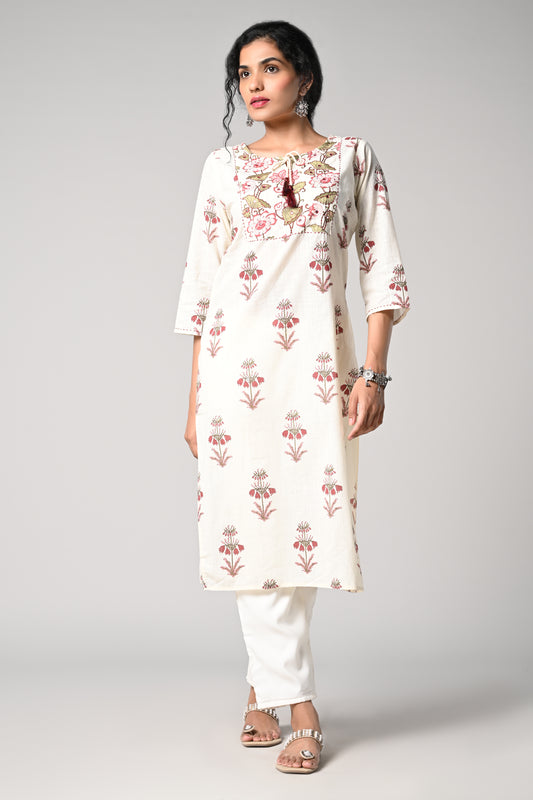 straight kurti,
floral prints all over the body,
round neck &amp; 3/4 sleeves,
pure jaipur cotton material.